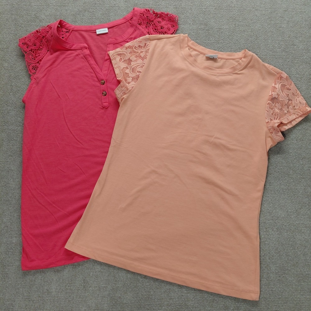 LASCANA Women's Pink & Orange Short Sleeve Crew V-neck Crotchet Tee Shirt Sz 4-6